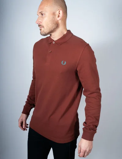 Fred Perry Long Sleeve Plain Polo Shirt | Whisky Brown