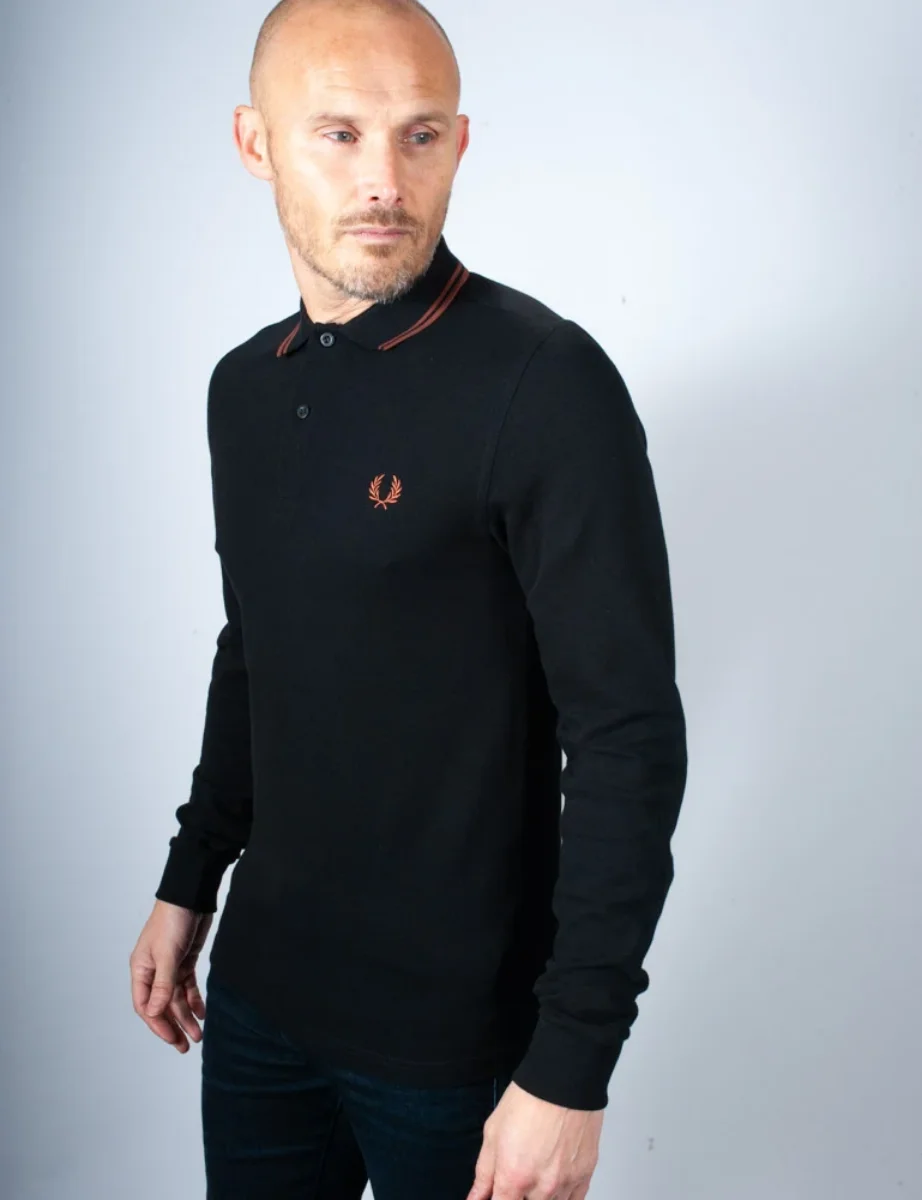 Fred Perry Long Sleeve Twin Tipped Polo | Black / Whisky Brown