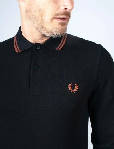 Fred Perry Long Sleeve Twin Tipped Polo | Black / Whisky Brown
