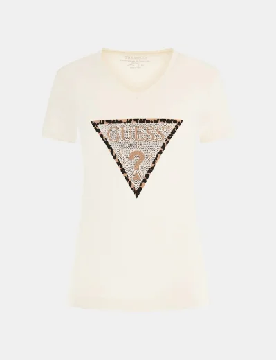 Guess V Neck Leopard Triangle Logo T-Shirt | Cream