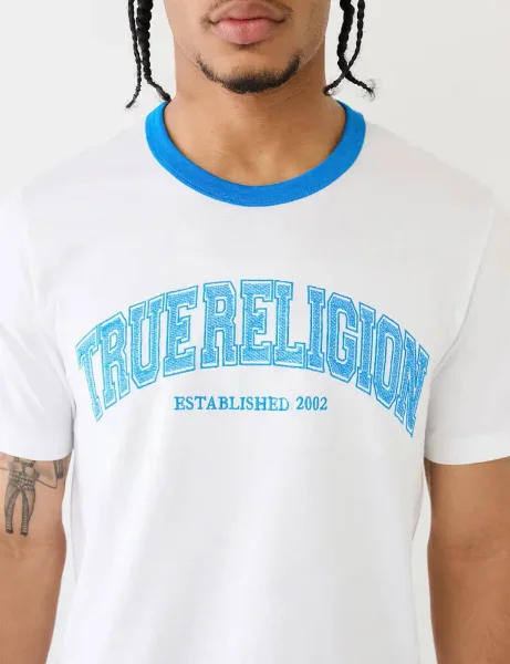True Religion Collegiate Embroidered Logo Ringer T-Shirt | White True Religion Collegiate Embroidered Logo Ringer T-Shirt | White