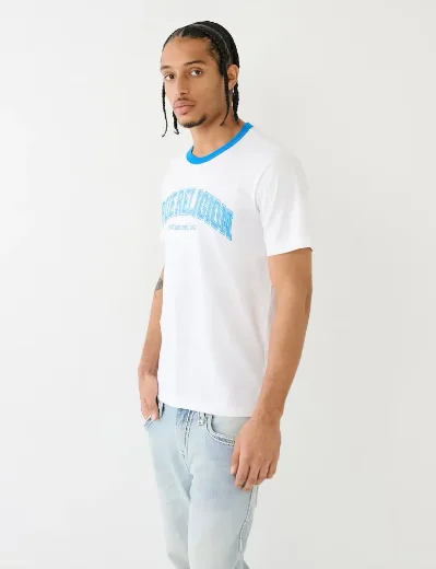 True Religion Collegiate Embroidered Logo Ringer T-Shirt | White