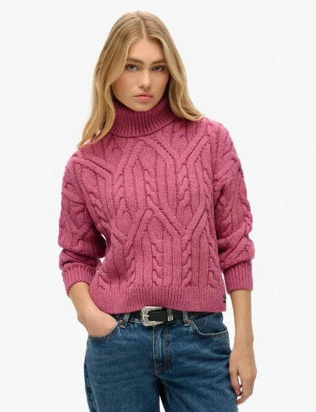 Superdry Women's Twist Cable Knit Polo Jumper / Papaya Pink Twist Superdry Women's Twist Cable Knit Polo Jumper / Papaya Pink Twist