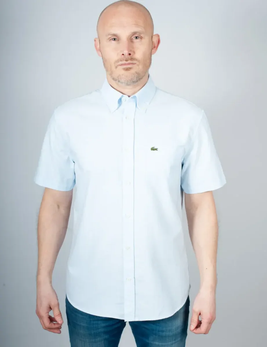 Lacoste Regular Fit Short Sleeved Oxford Shirt | White/Blue