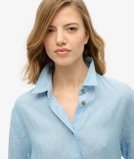 Superdry Casual Linen Boyfriend Shirt | Sea Blue Chambary