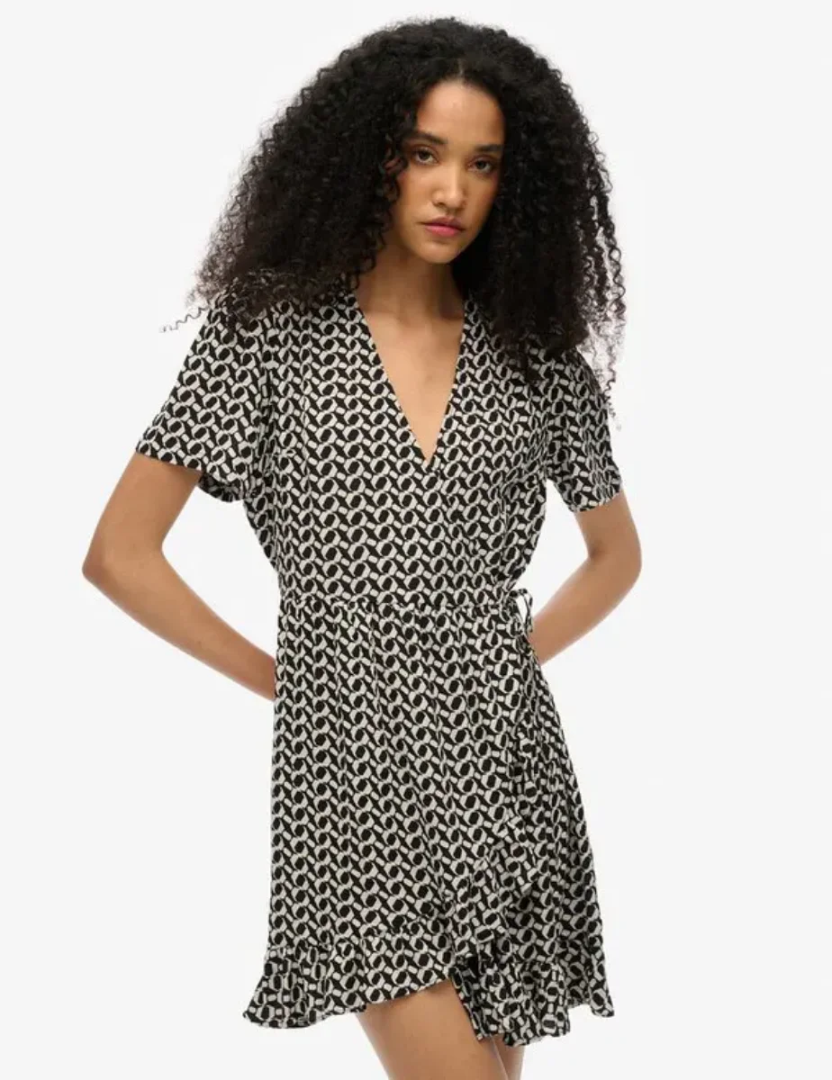 Superdry Short Sleeve Mini Wrap Dress | Black/White