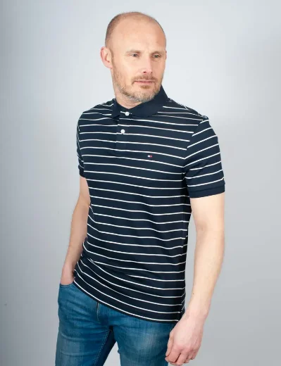 Tommy Hilfiger Liquid Cotton Stripe Polo Shirt | Navy / Ecru