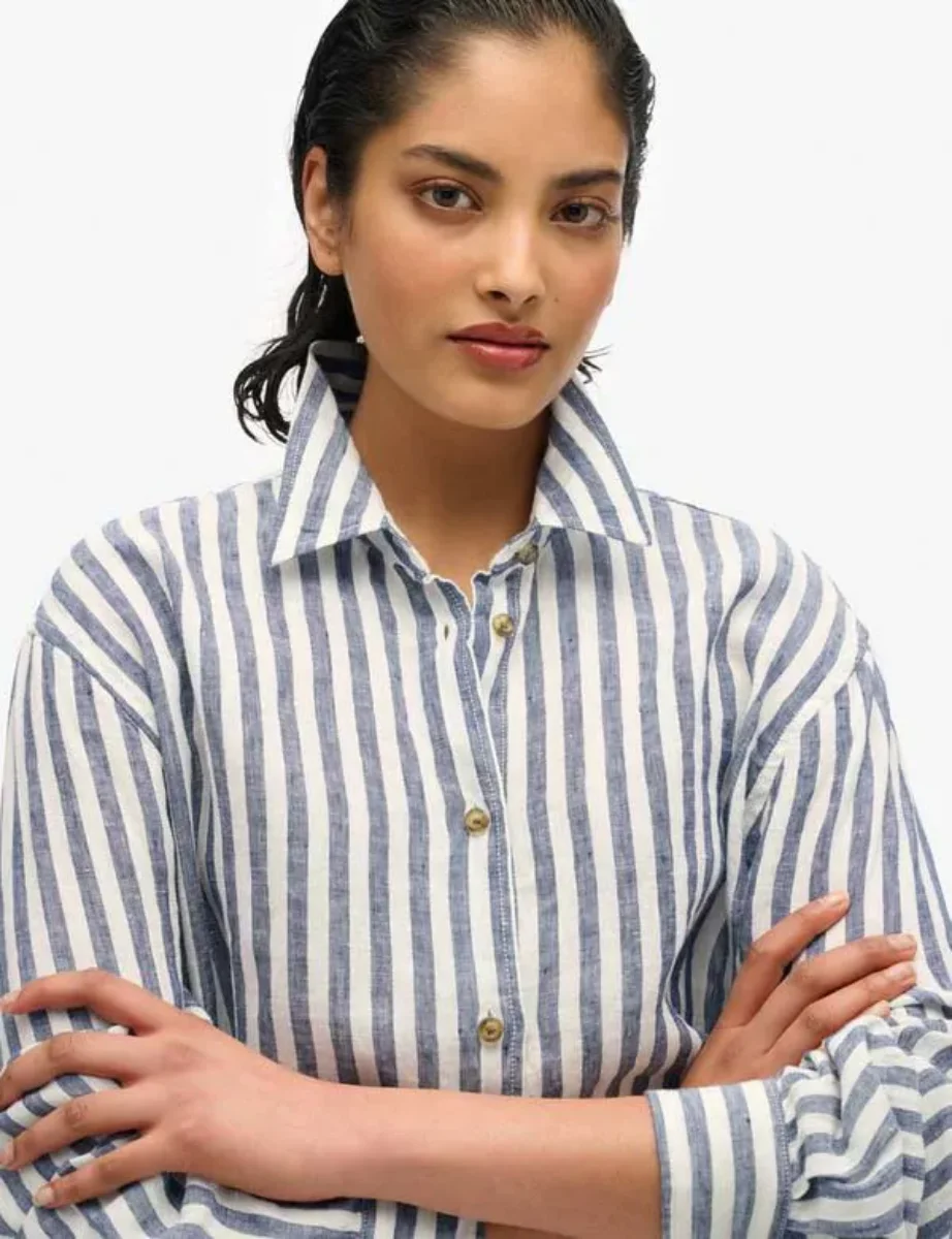 Superdry Casual Linen Boyfriend Shirt | Blue Wide Stripe