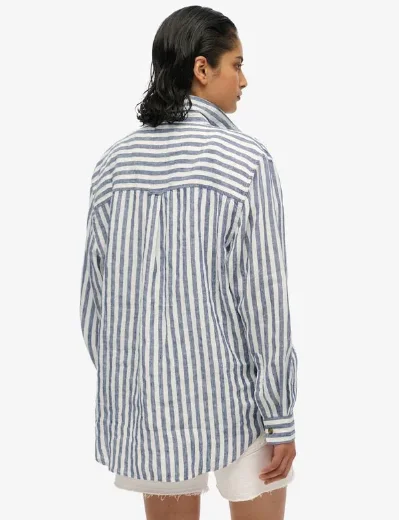 Superdry Casual Linen Boyfriend Shirt | Blue Wide Stripe
