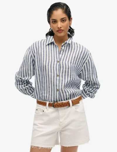 Superdry Casual Linen Boyfriend Shirt | Blue Wide Stripe