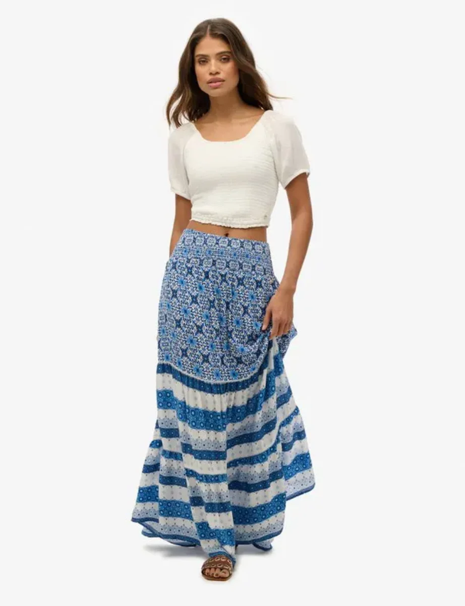 Superdry Printed Maxi Skirt | Tala Tile Border Blue