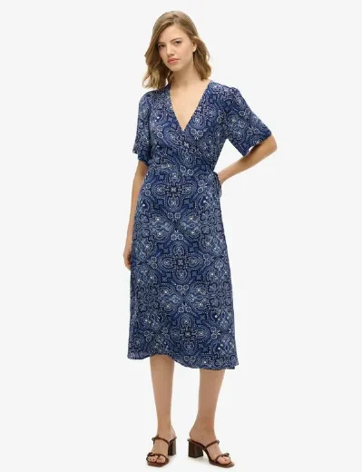 Superdry Printed Wrap Midi Dress | Paisley Bandana Navy