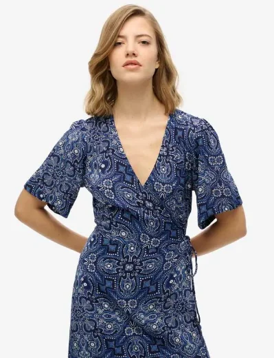 Superdry Printed Wrap Midi Dress | Paisley Bandana Navy