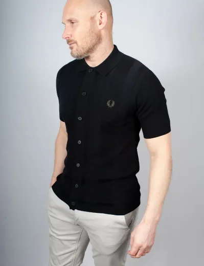 Fred Perry Button Through SS Knitted Shirt | Black