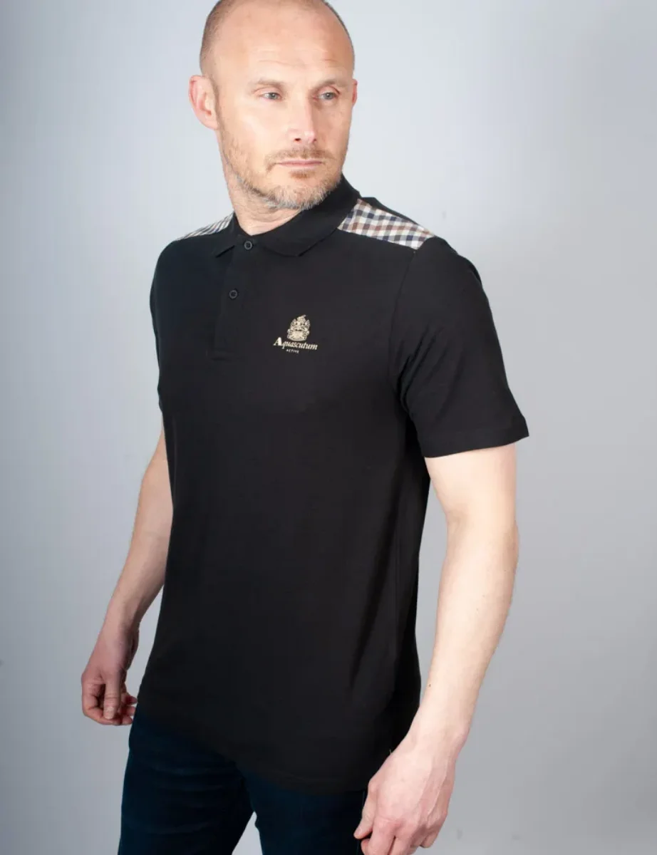 Aquascutum Active Club Check Shoulder Polo Shirt | Black