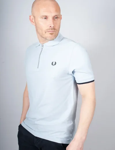 Fred Perry Crepe Pique Zip Neck Polo Shirt | Light Smoke