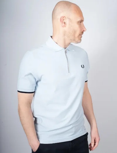 Fred Perry Crepe Pique Zip Neck Polo Shirt | Light Smoke