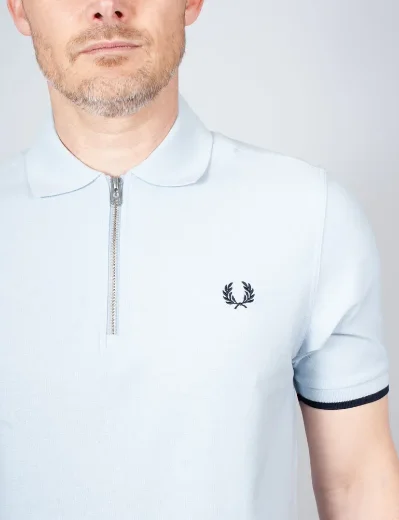 Fred Perry Crepe Pique Zip Neck Polo Shirt | Light Smoke