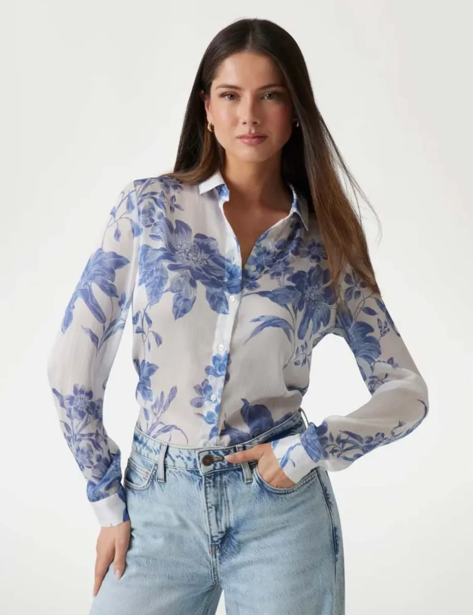 Guess Womens Clouis Floral Print Chiffon Shirt | White/Blue
