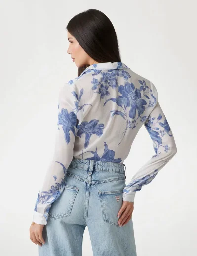 Guess Womens Clouis Floral Print Chiffon Shirt | White/Blue