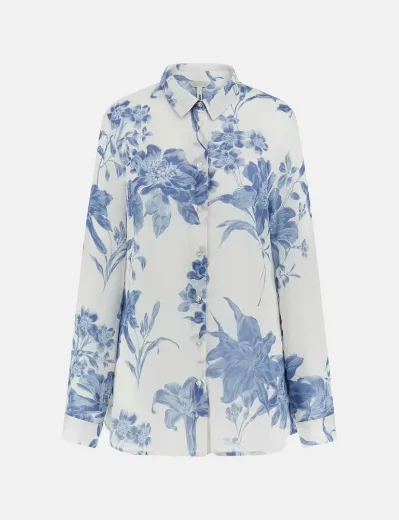 Guess Womens Clouis Floral Print Chiffon Shirt | White/Blue