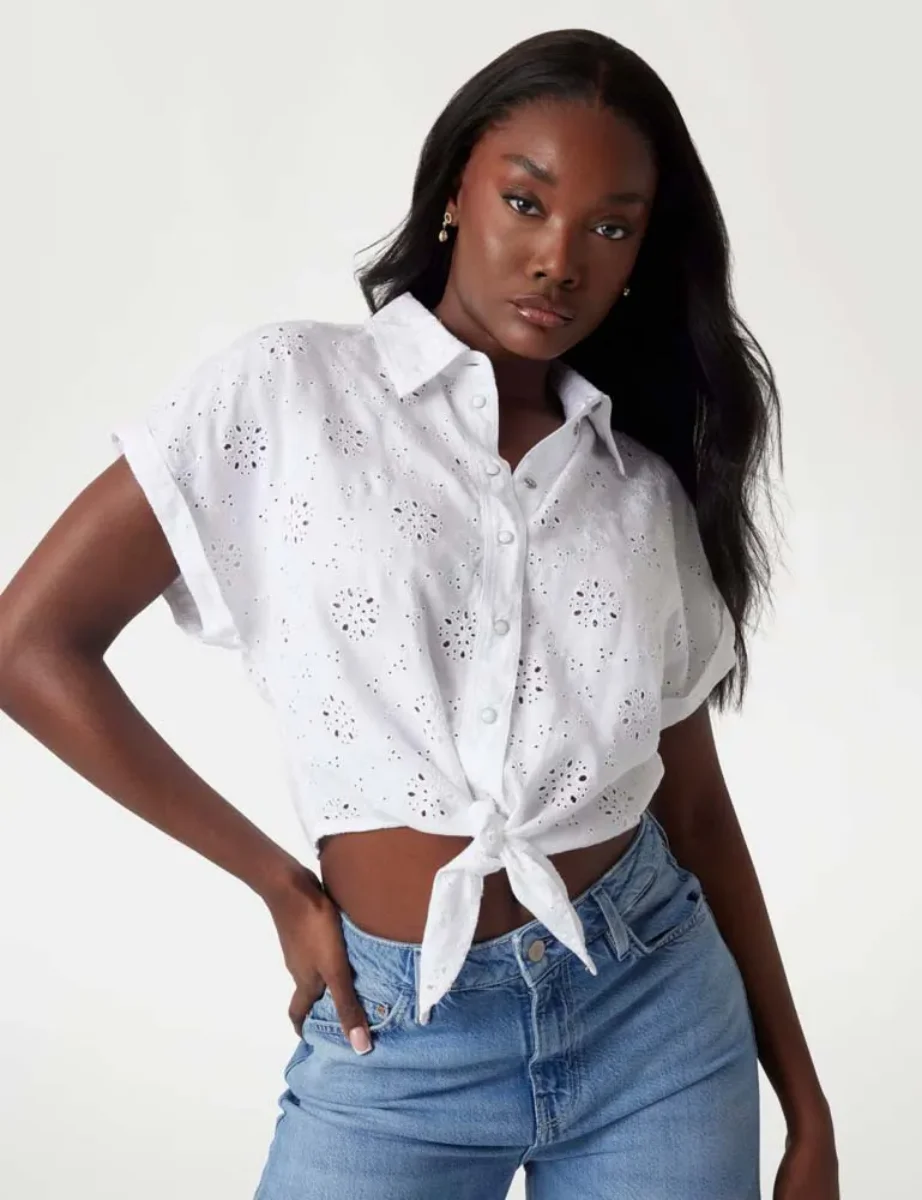 Guess Women's Brigitte Broderie Anglaise Cropped Shirt | White