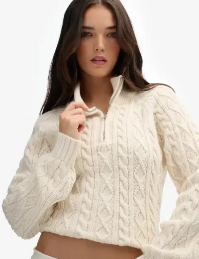 Superdry Slim Cable Half Zip Knit Jumper | Ecru