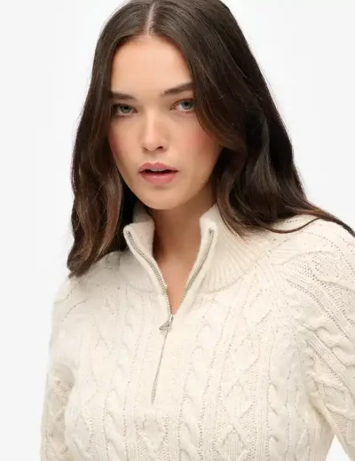 Superdry Slim Cable Half Zip Knit Jumper | Ecru