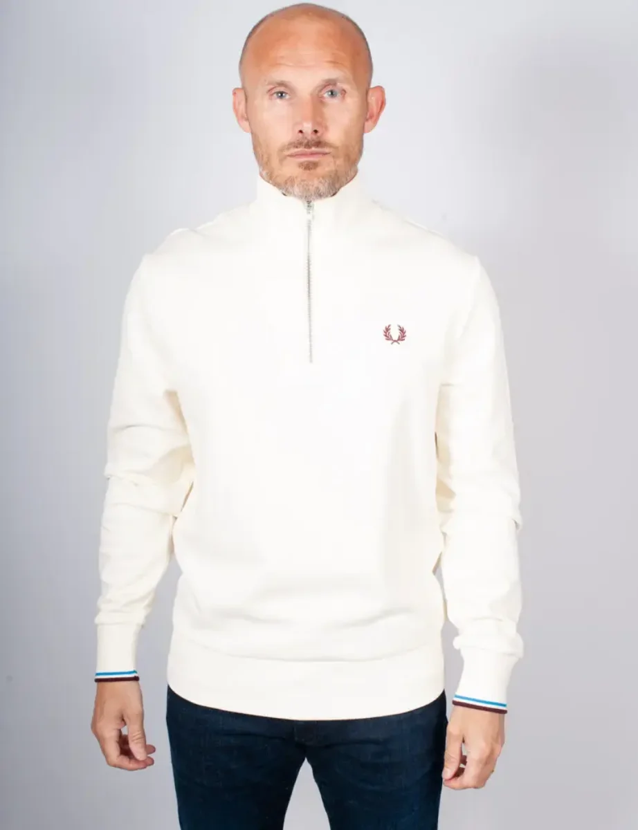 Fred Perry Half Zip Sweatshirt | Ecru/Blue/Oxblood