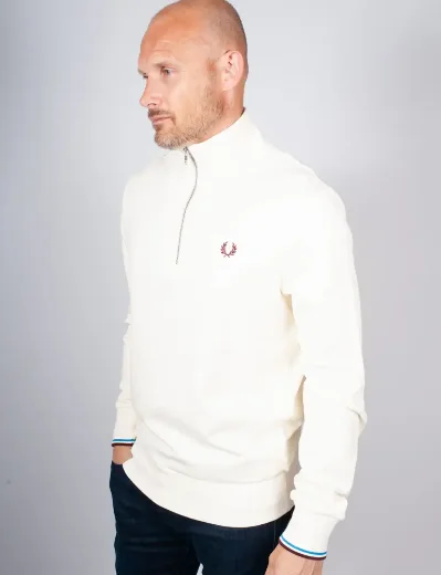 Fred Perry Half Zip Sweatshirt | Ecru/Blue/Oxblood
