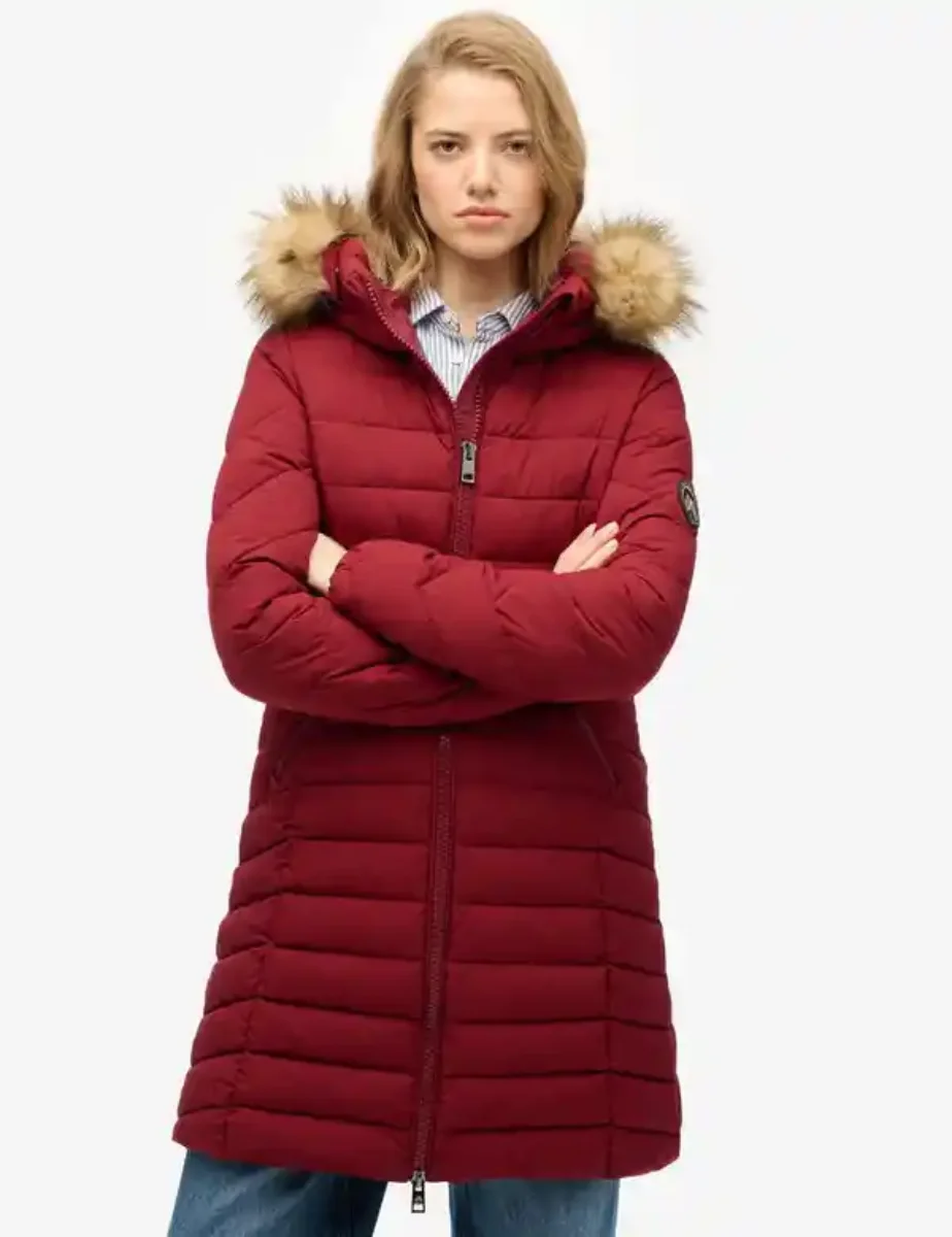 Picture of Superdry Womens Fuji Faux Fur Hood Mid Length Jacket | Wine Red