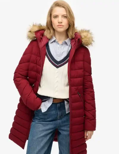 Picture of Superdry Womens Fuji Faux Fur Hood Mid Length Jacket | Wine Red