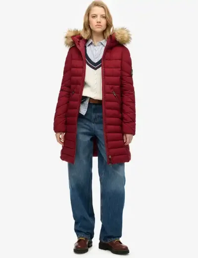 Picture of Superdry Womens Fuji Faux Fur Hood Mid Length Jacket | Wine Red