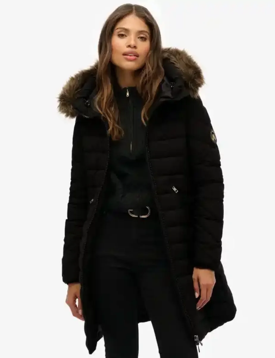 Picture of Superdry Womens Fuji Faux Fur Hood Mid Length Jacket | Black