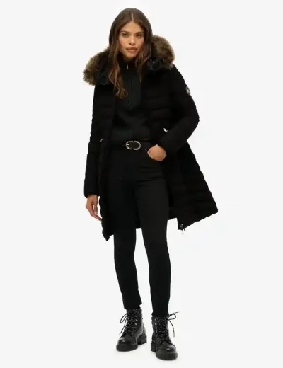 Picture of Superdry Womens Fuji Faux Fur Hood Mid Length Jacket | Black