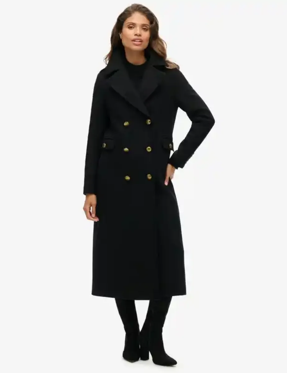 Superdry Womens Double Breasted Wool Blend Coat | Black