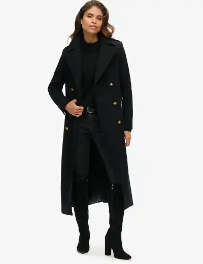 Superdry Womens Double Breasted Wool Blend Coat | Black