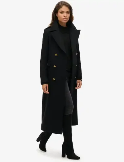 Superdry Womens Double Breasted Wool Blend Coat | Black