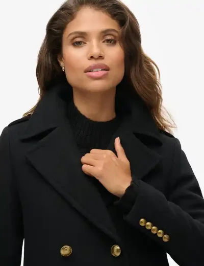 Superdry Womens Double Breasted Wool Blend Coat | Black