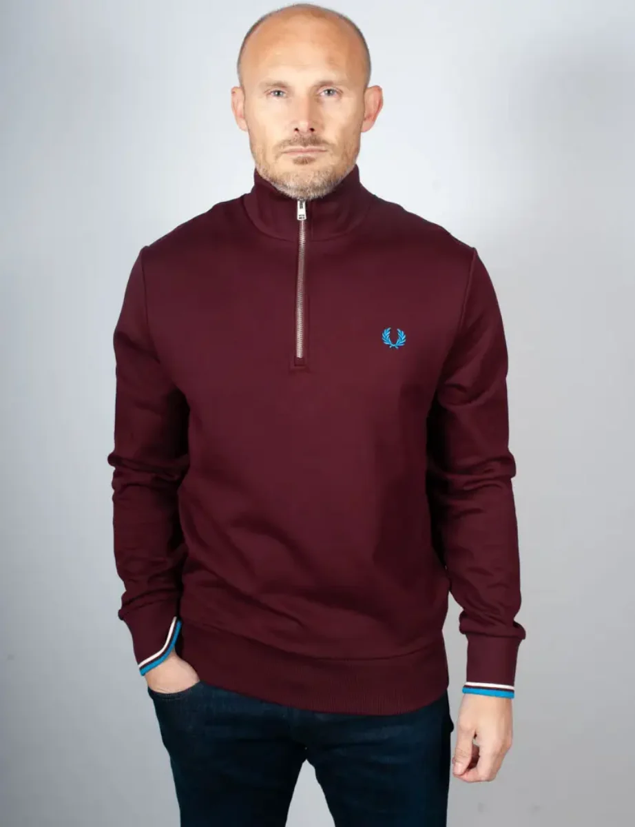 Fred Perry Half Zip Sweatshirt | Oxblood/Ecru/Court Blue