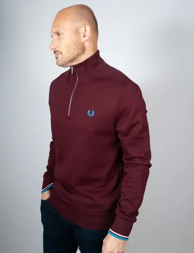 Fred Perry Half Zip Sweatshirt | Oxblood/Ecru/Court Blue