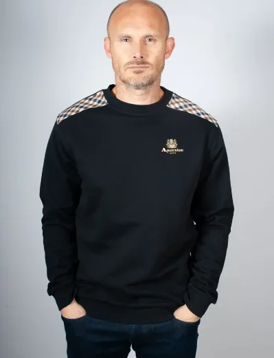 Aquascutum Active Club Check Shoulder Crew Neck Sweatshirt / Black