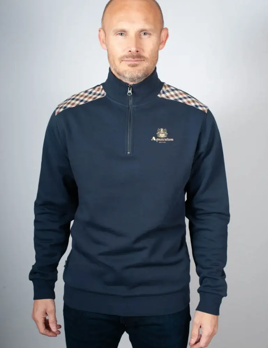 Aquascutum Active Club Check Shoulder 1/4 Zip Sweatshirt / Navy