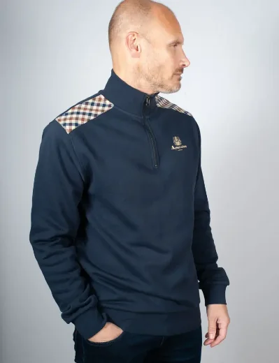 Aquascutum Active Club Check Shoulder 1/4 Zip Sweatshirt / Navy