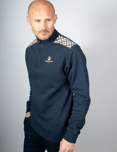 Aquascutum Active Club Check Shoulder 1/4 Zip Sweatshirt / Navy