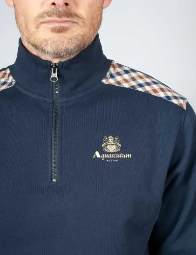 Aquascutum Active Club Check Shoulder 1/4 Zip Sweatshirt / Navy