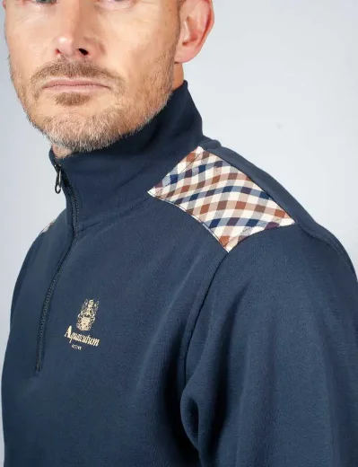 Aquascutum Active Club Check Shoulder 1/4 Zip Sweatshirt / Navy