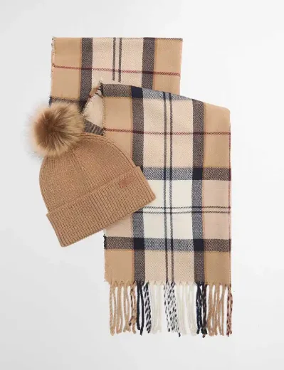 Barbour Dover Beanie Hat and Hailes Scarf Gift Set | Beige