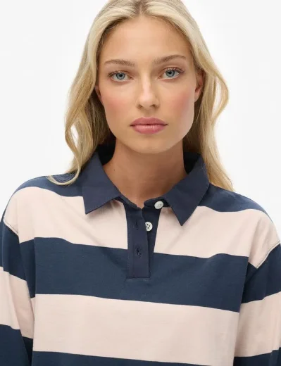 Superdry Essential Cropped Stripe Rugby Shirt | Lauren Navy/Pink Stripe