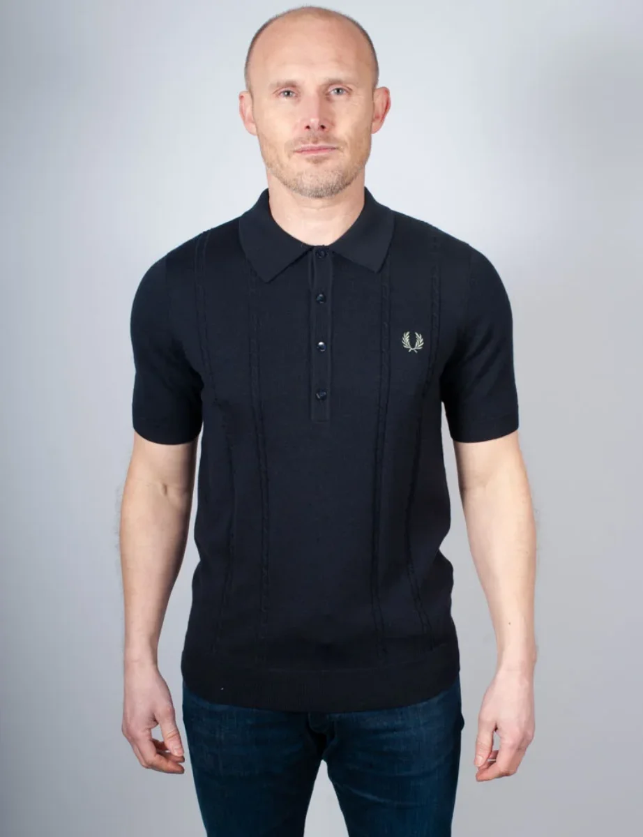 Fred Perry Cable Knit Polo Shirt | Navy